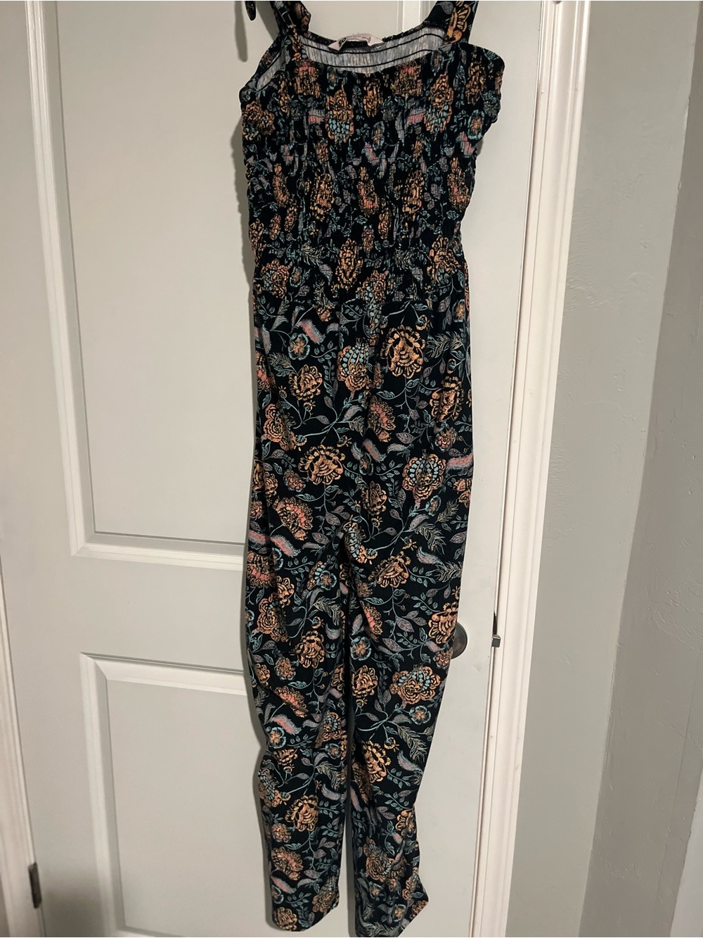 SO Black Floral Smocked Jumpsuit with Pink & Gold Print